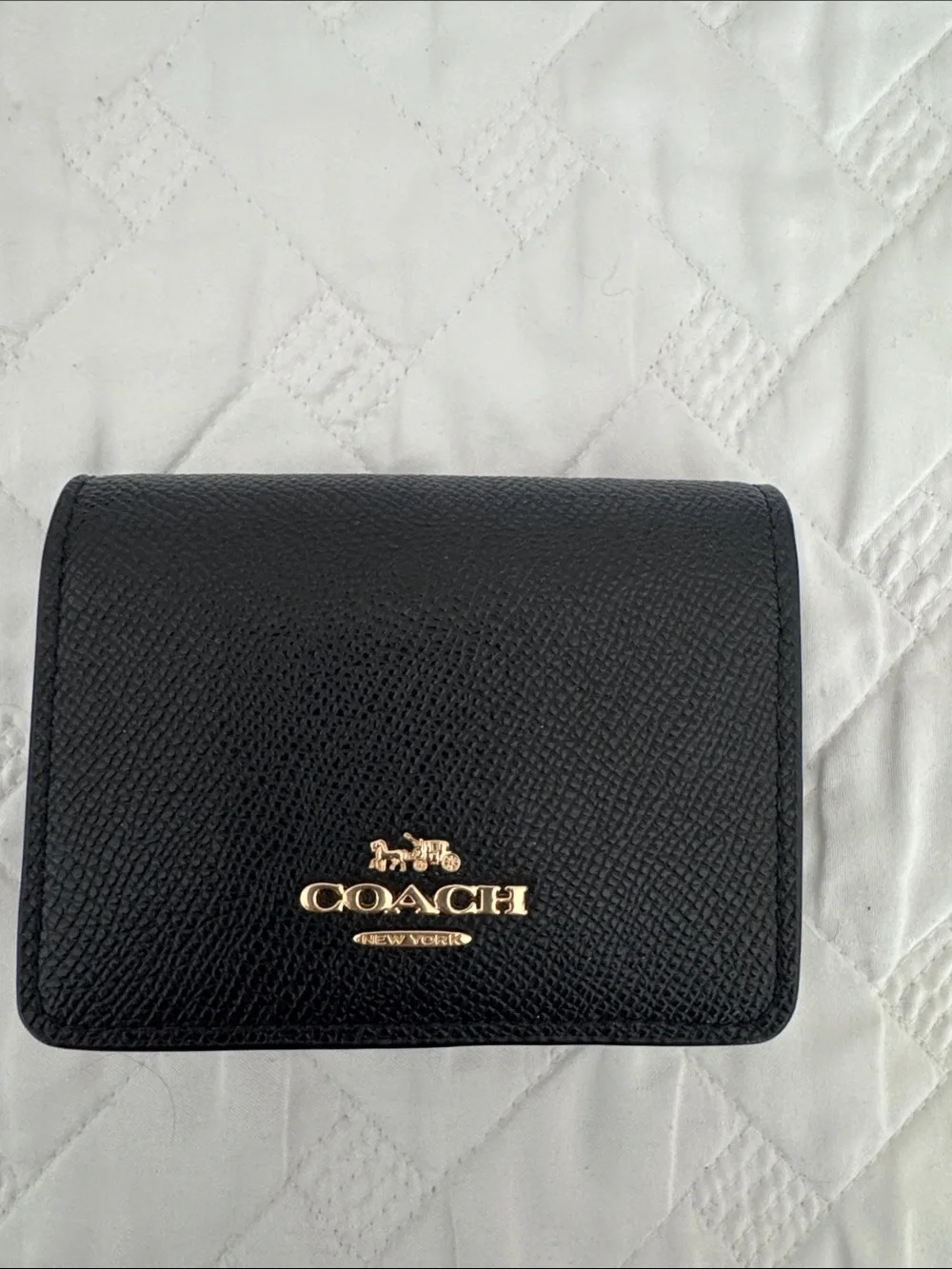 Coach Black Leather Compact Card Case with Gold Logo